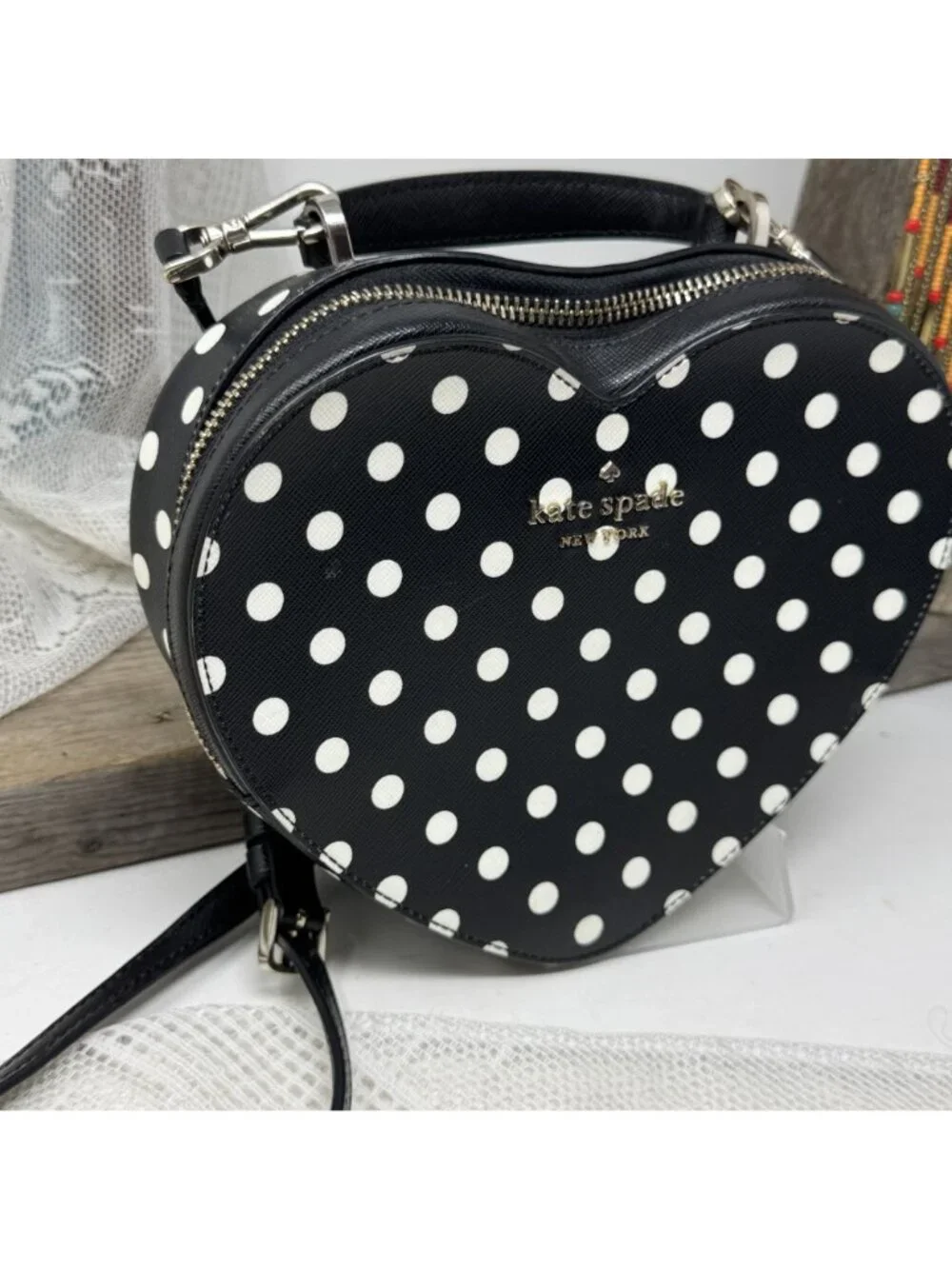 Kate Spade Black & White Polka Dot Heart-Shaped Crossbody Bag With Gold Hardware